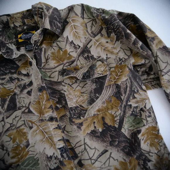 Vintage Master Sportsman Tan Brown & Camo Hunting Print 100%  Thick Cotton Shirt - Picture 10 of 12